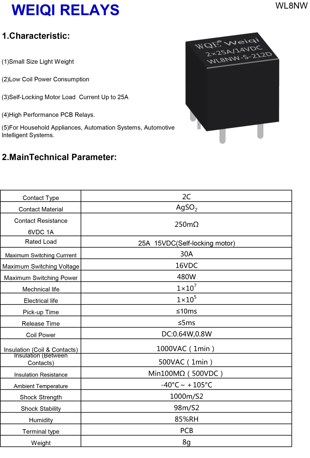 (WL8NW) Miniature Automotive Relay 14V Black Cover 4pins Suit for Automation System, Auto Parts
