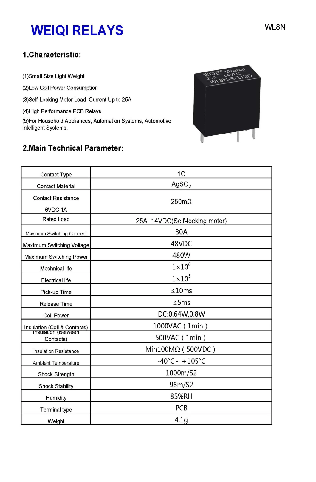 (WL8N) 25A Automotive Relay 1c Contact Type 14V Black Cover Auto Parts Auto Electrical Component for Automobile /Auto Control /Smart Home