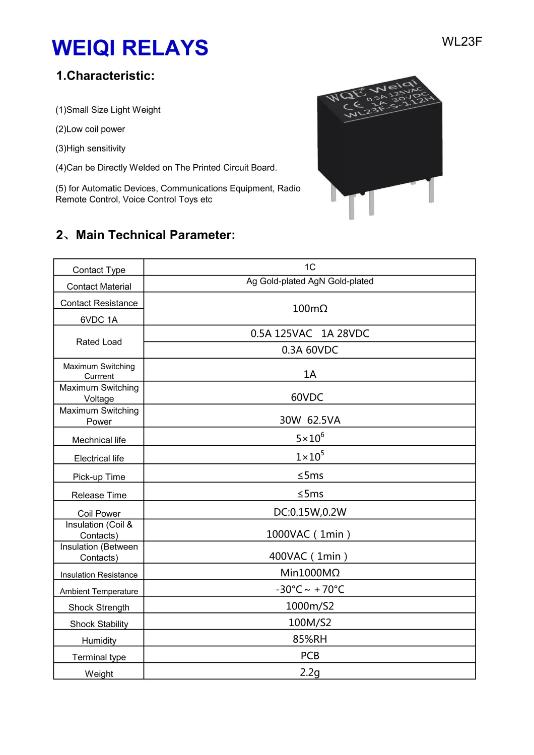 1A Miniature Size Communication Reed Relay (Wl23F) Suit for Automatic Devices, Communications Equipment 1c Type
