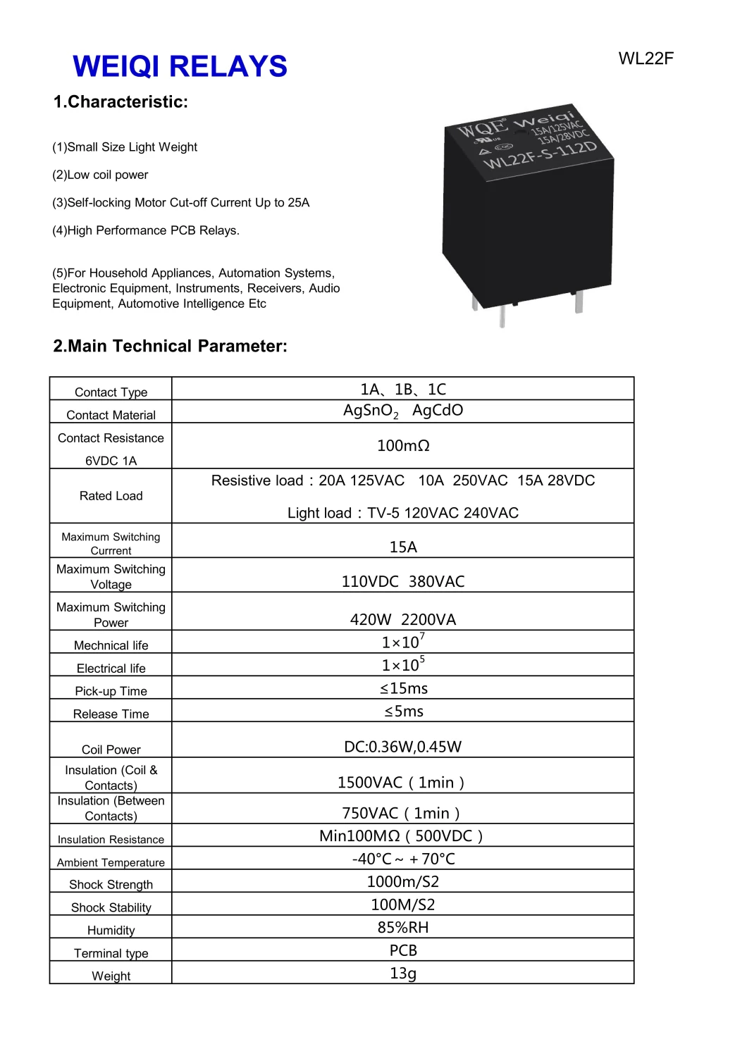 (WL22F) Miniature Size Power Relay 25A General Purpose Rele for Household Appliances &Industrial Use Contact Sensitivity Switch