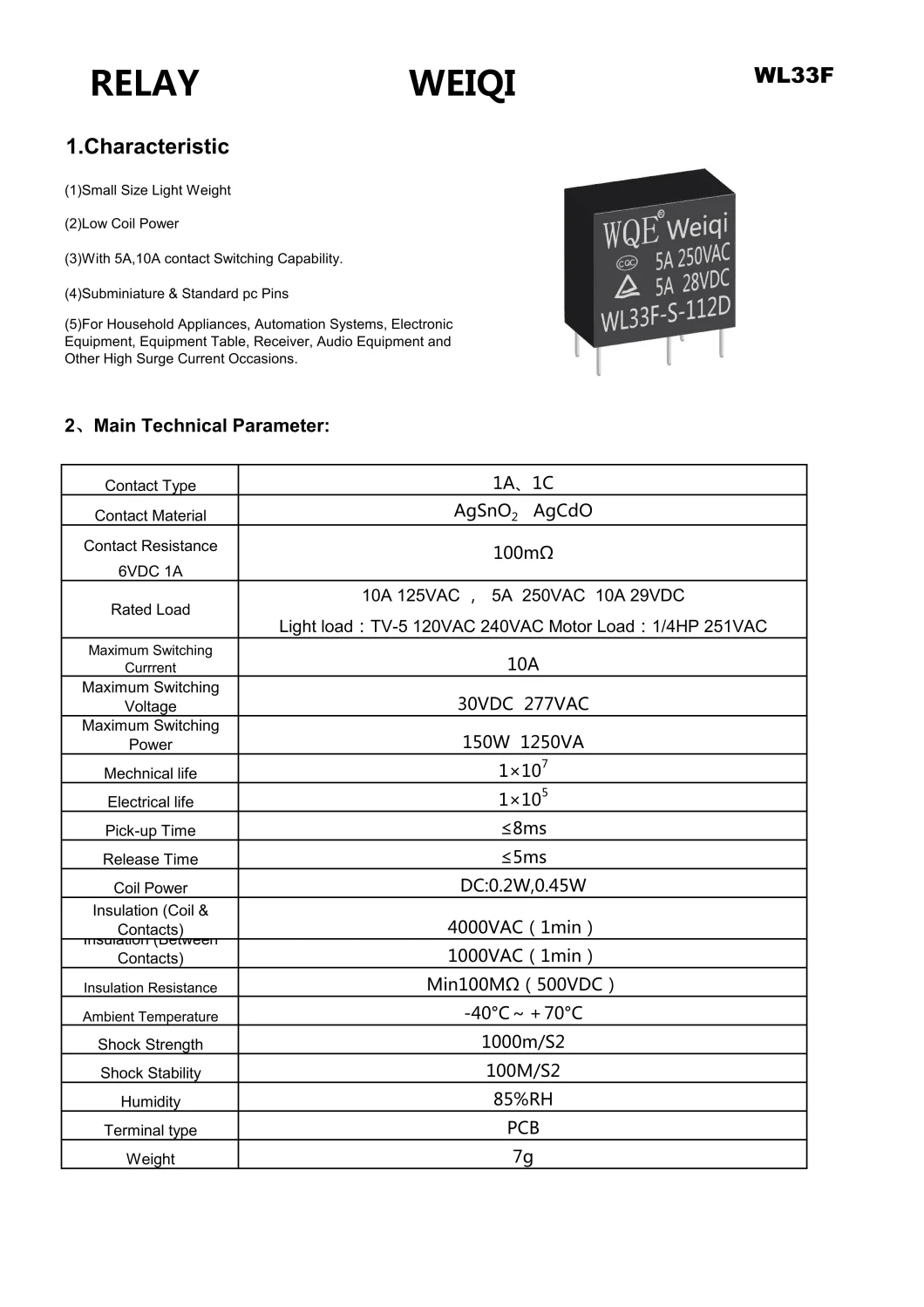 Wl33f 5A Miniature Power Relay PCB Relays 5 Pins Slim Micro Cube Rele for Household Appliances &Industrial Use / Auto Control / Car Intelligent