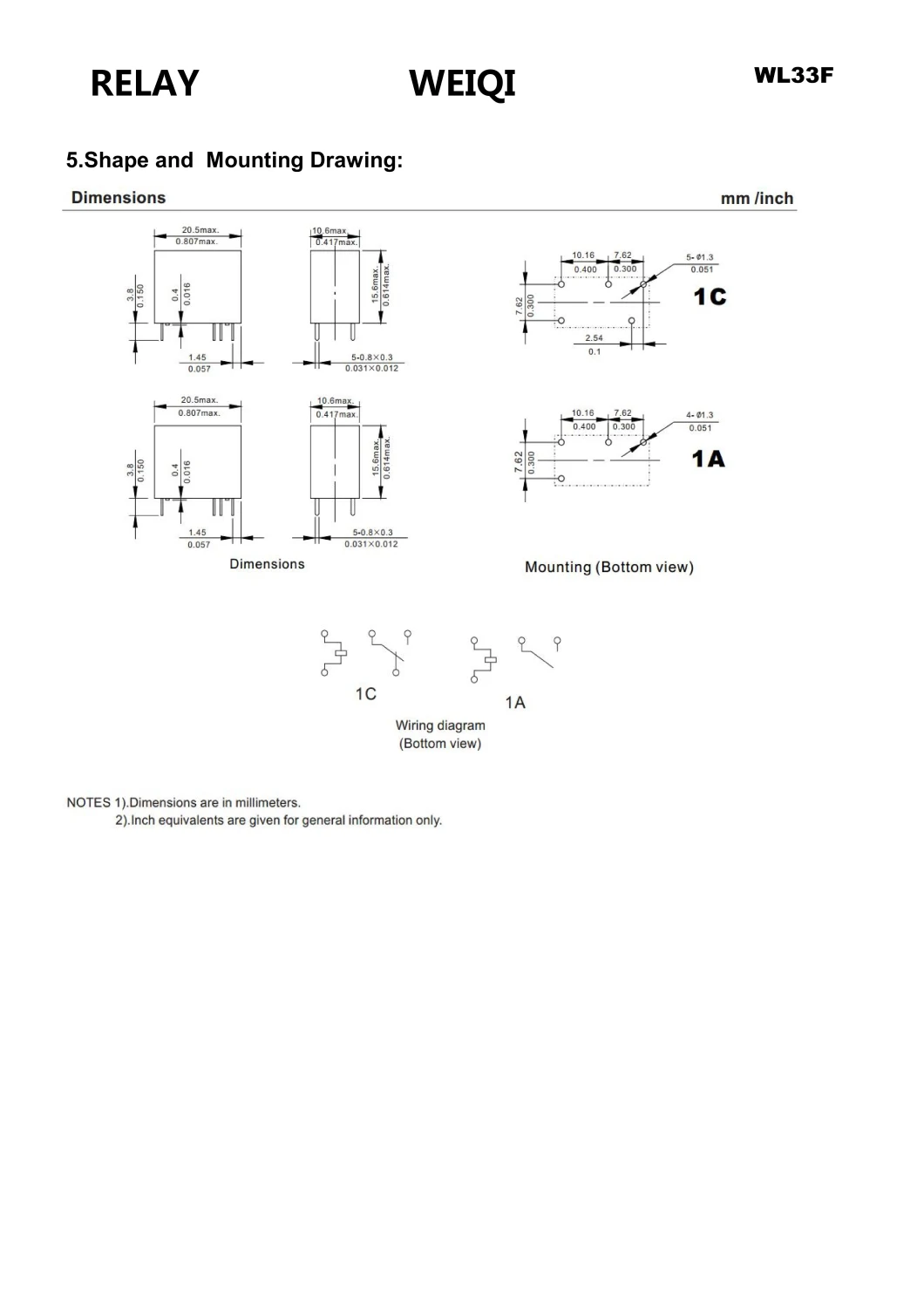 Wl33f 5A Miniature Power Relay PCB Relays 5 Pins Slim Micro Cube Rele for Household Appliances &Industrial Use / Auto Control / Car Intelligent
